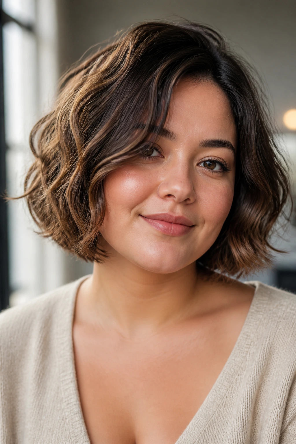 Real woman with a well-balanced bob illustrating the right shape over product focus.