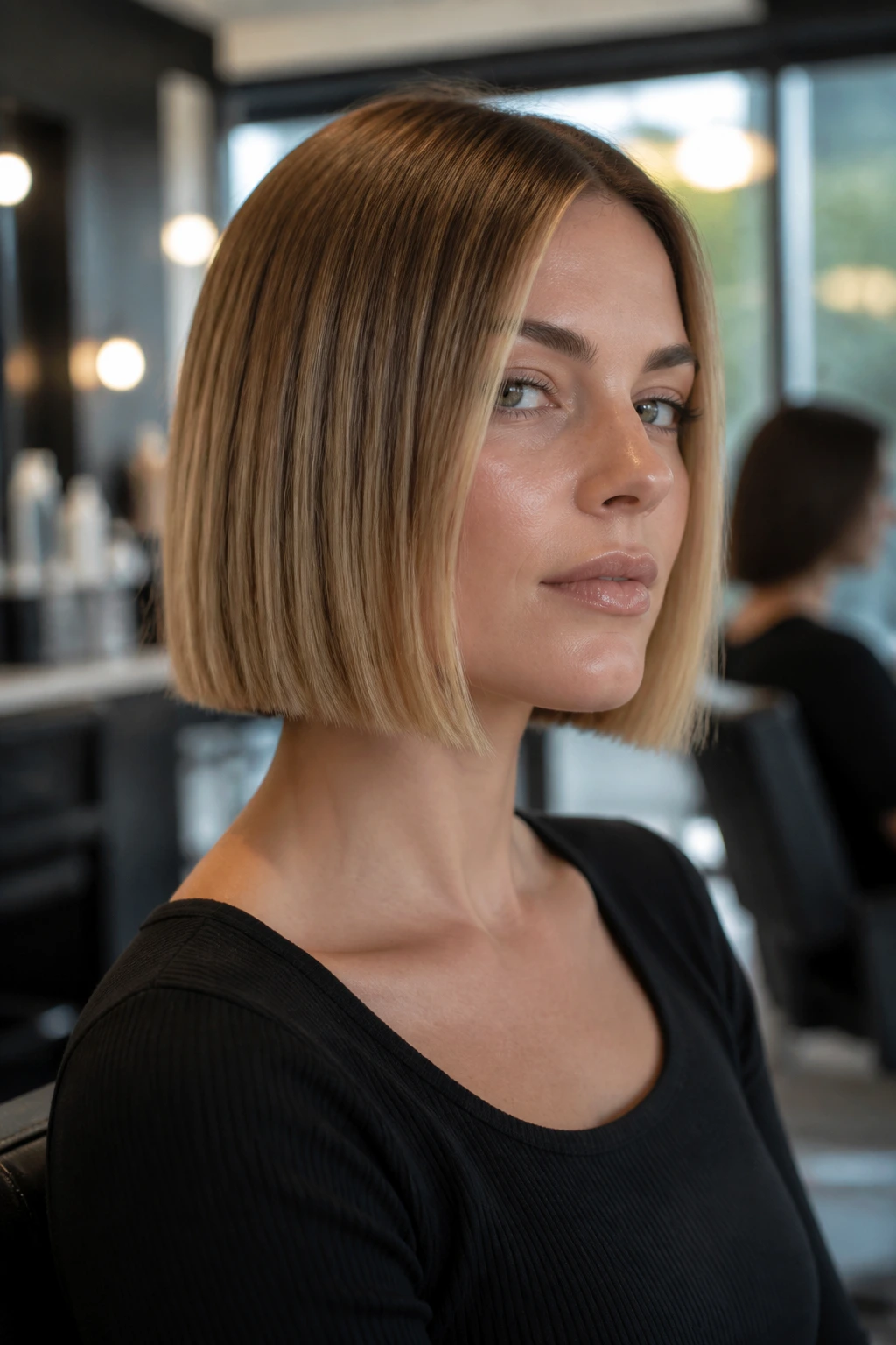 Portrait of real person with blunt heavy perimeter bob in a salon
