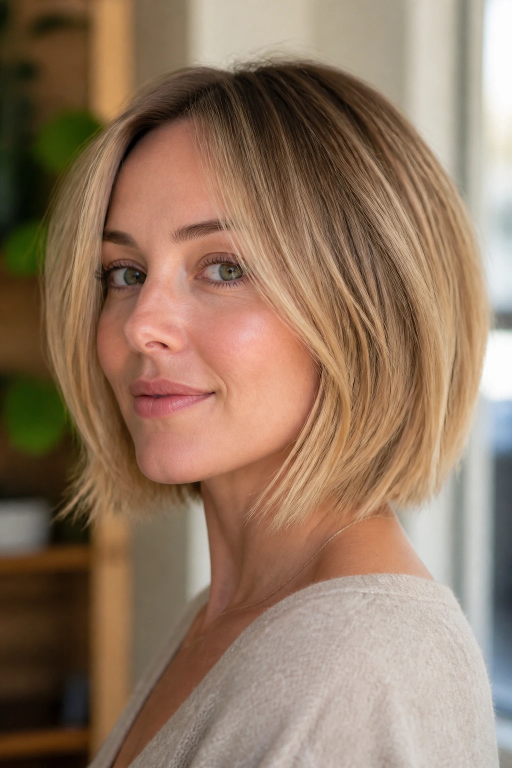 Portrait of woman with a jaw-skimming right-cut hairstyle preserving density