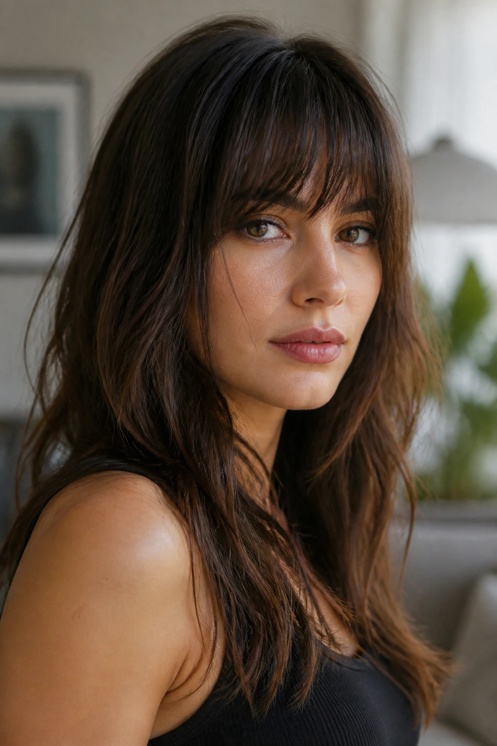 Portrait of a woman with fringe tailored to her texture and face shape