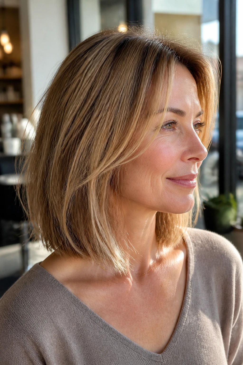 Profile shot of a woman with a collarbone-length lob from the side