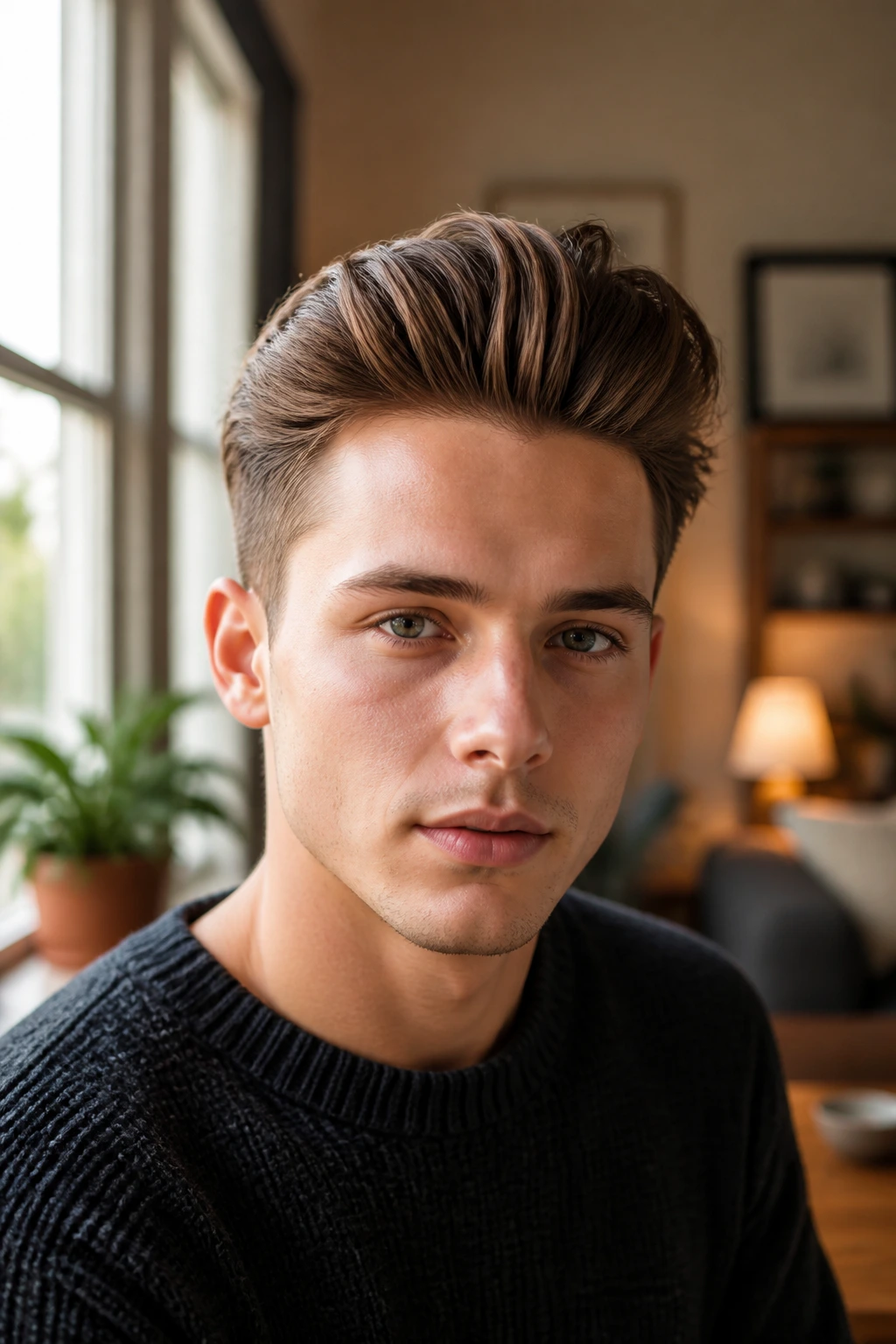Close-up portrait showing a balanced right quiff on a real person with a heart-shaped face.