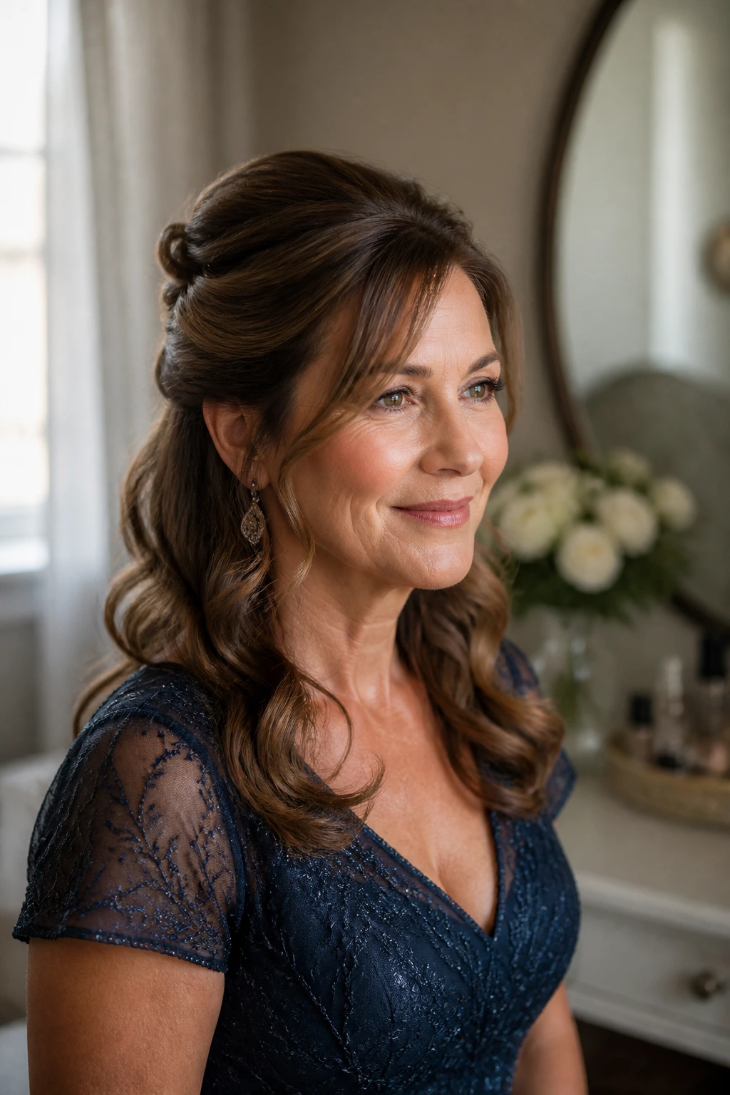 Portrait of a real woman showing the right-shape half-up hairstyle with crown lift.