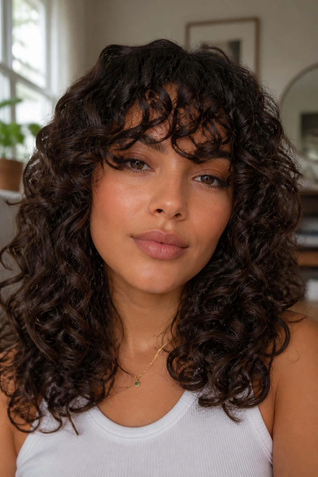Real woman with brow-grazing ringlet bangs and defined curls.