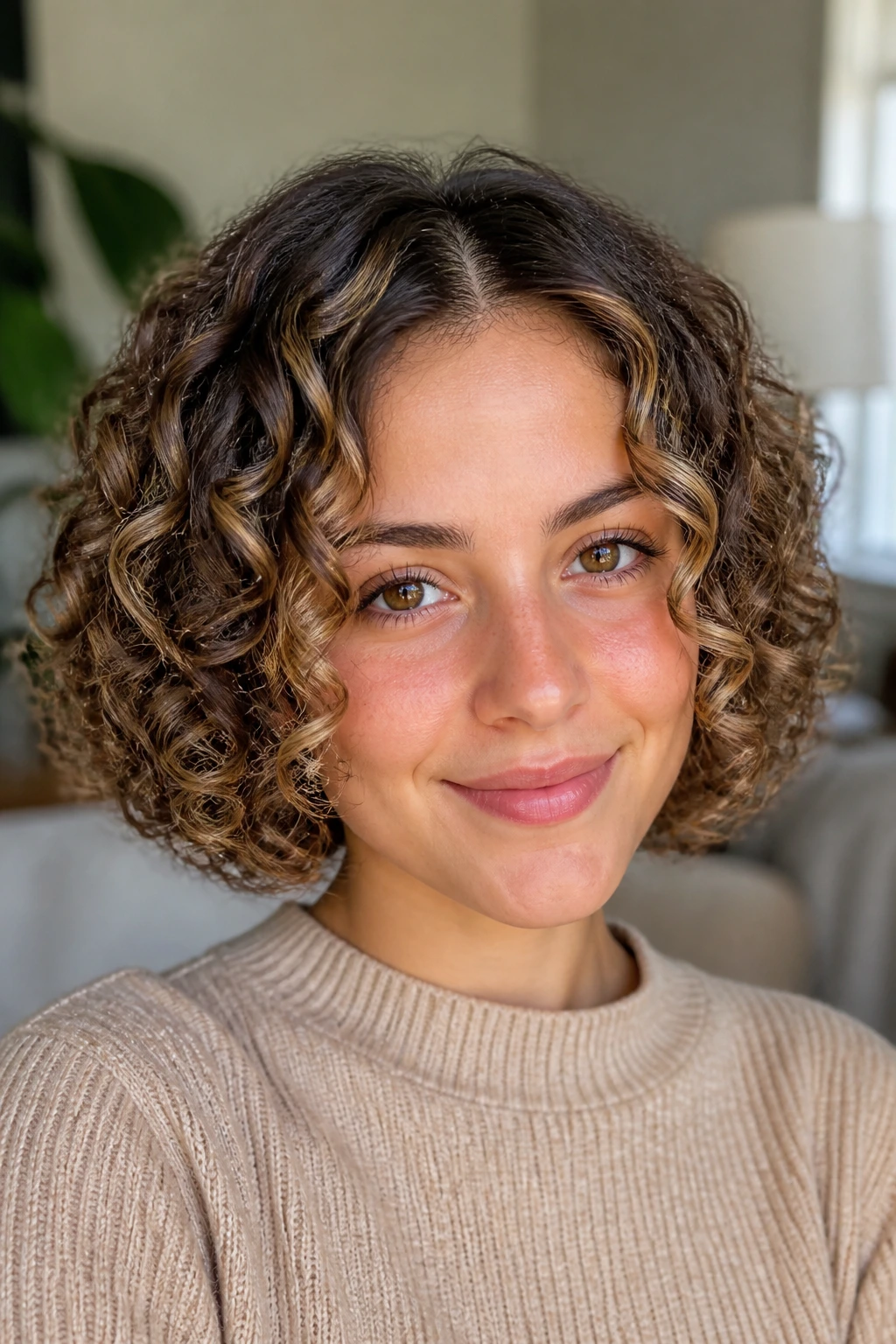 Rounded ringlet bob with caramel babylights on a real person
