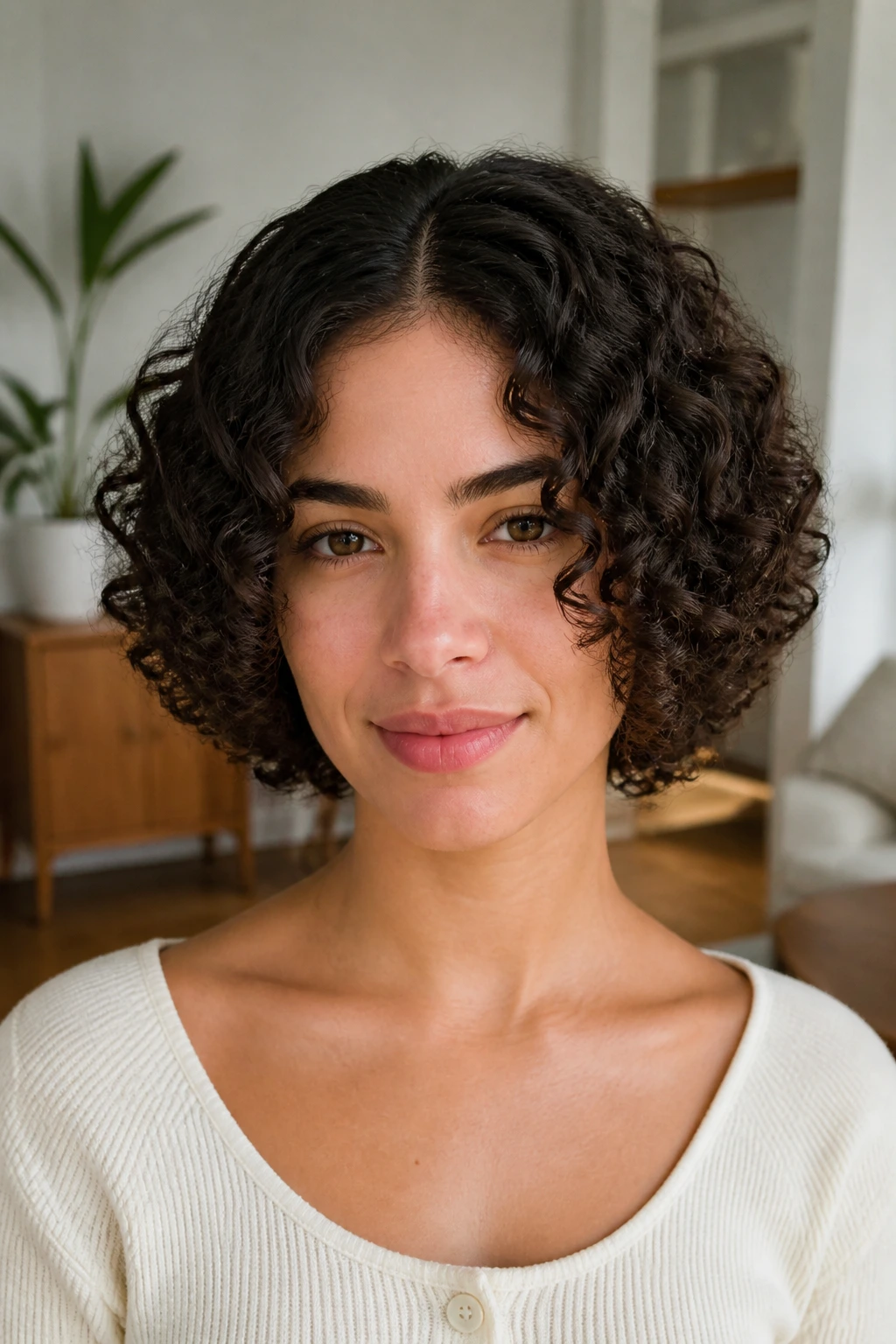 Portrait of a woman with ringlet bob and center part.