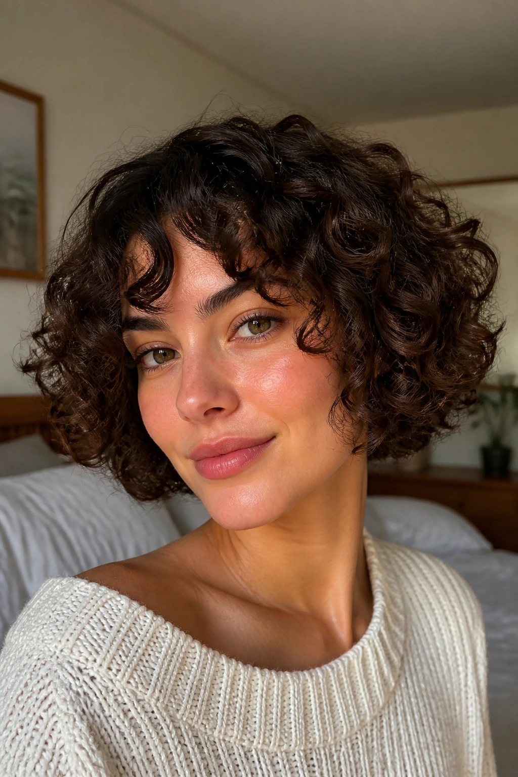 Close-up of a real woman with a bouncy chin-length ringlet bob framing her face in soft window light