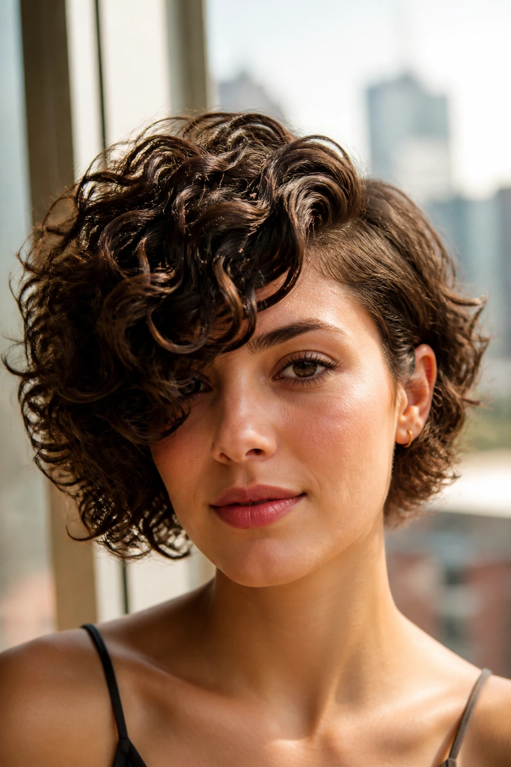 Real person wearing a side-swept ringlet bob in a close-up portrait.