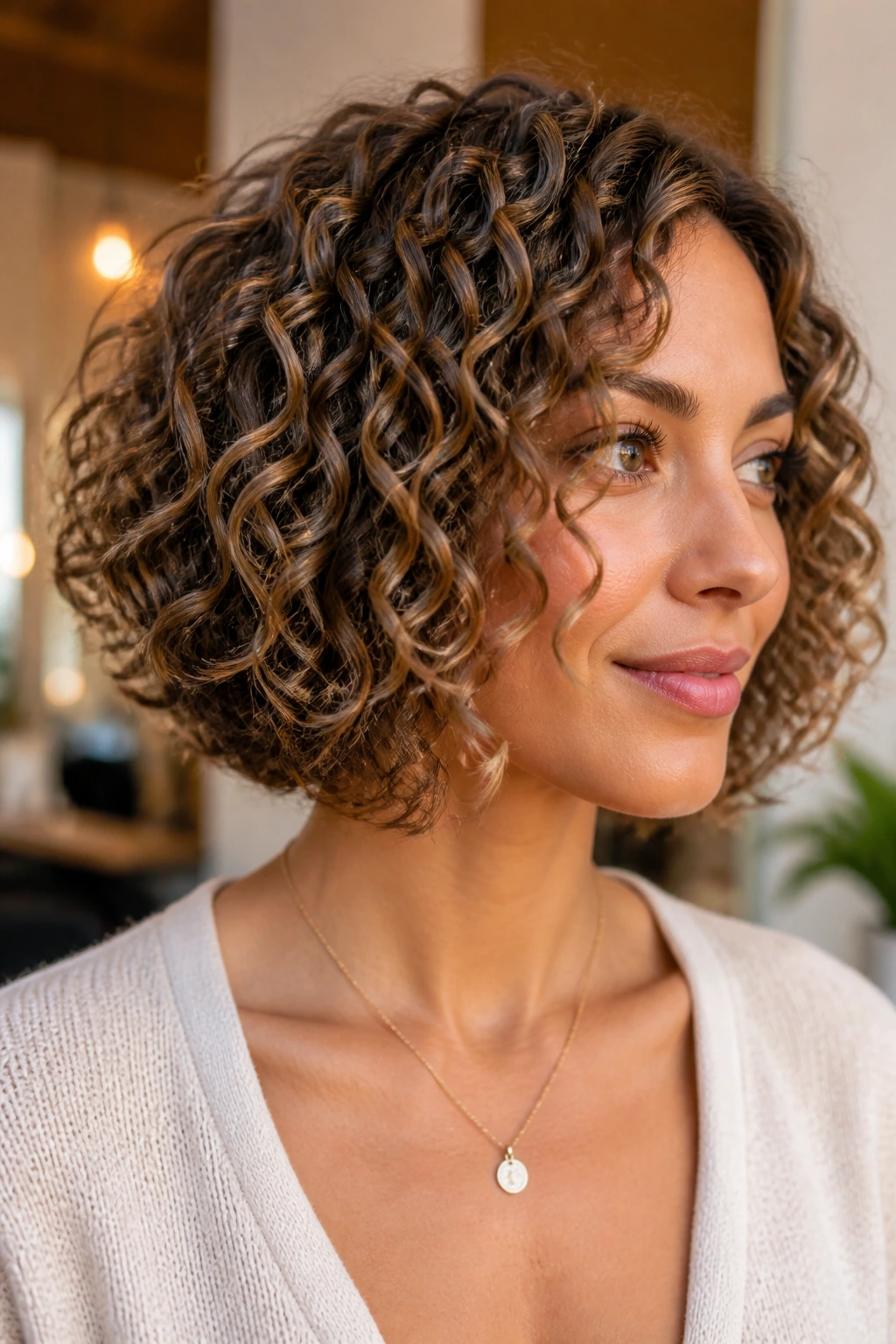 Close-up of a real woman with ringlet bob and soft babylights.