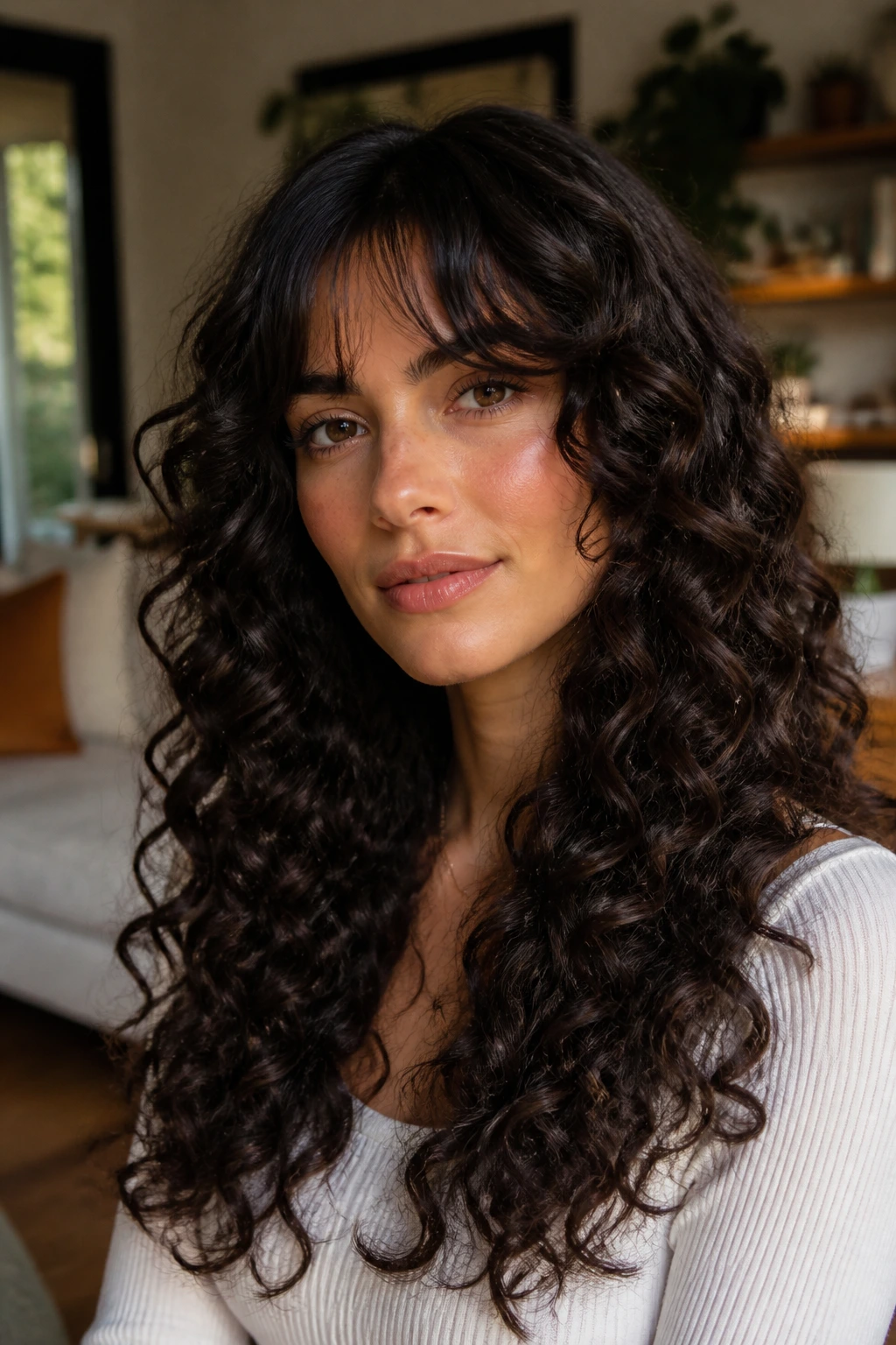 Close-up portrait of a real person with ringlet curls and ultra-soft curtain fringe.