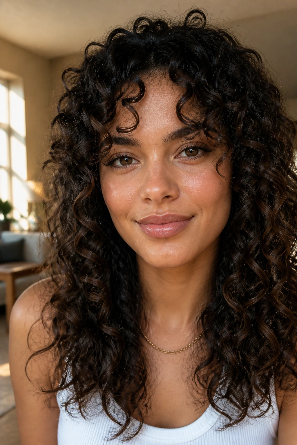 Close-up of a real woman with ringlet curtain fringe under warm window light
