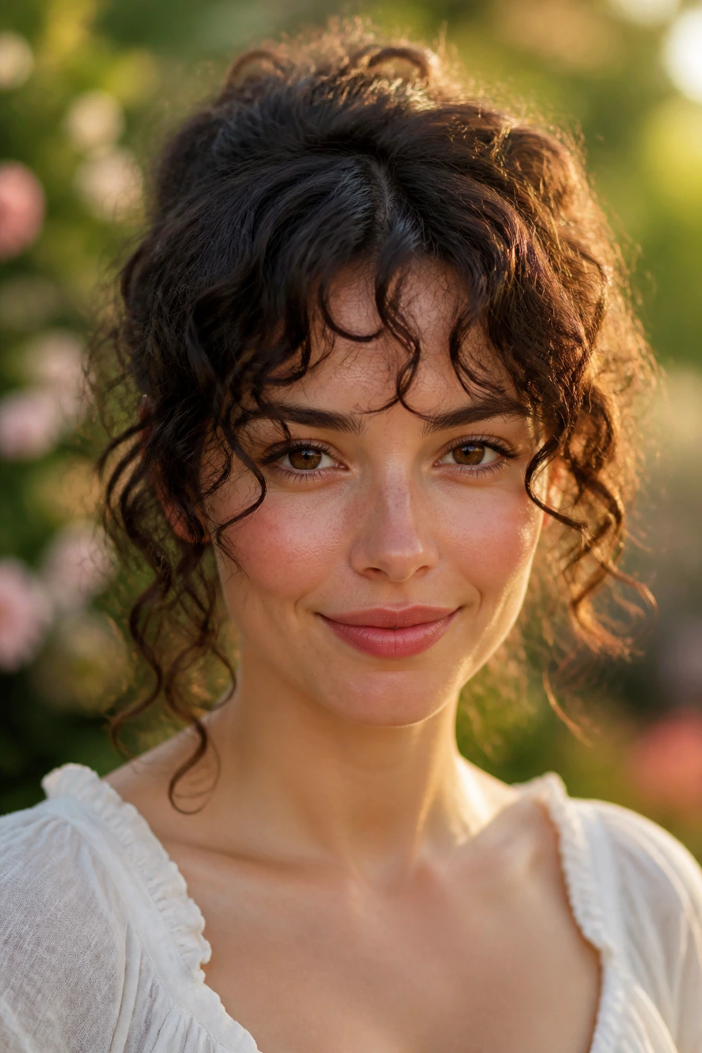 Close-up portrait of a real woman with romantic ringlet fringe in golden hour garden light