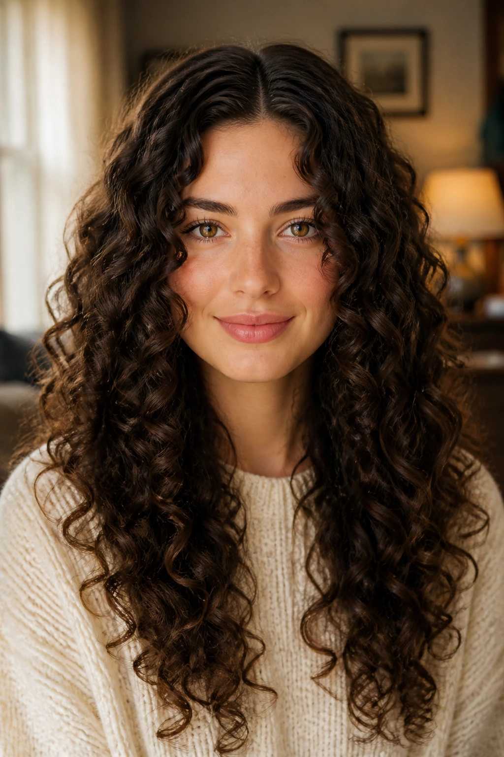 Close-up of a woman with a long ringlet halo and center part