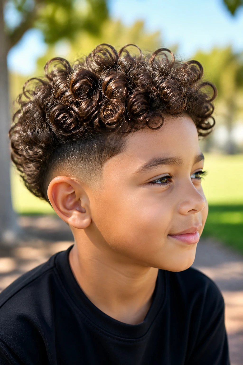 Close-up of real child with ringlet halo and low taper fade