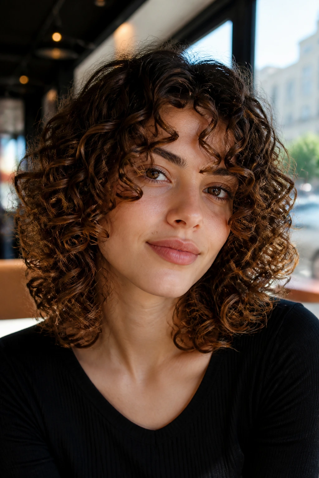 Portrait of a person with ringlet lob and invisible layers