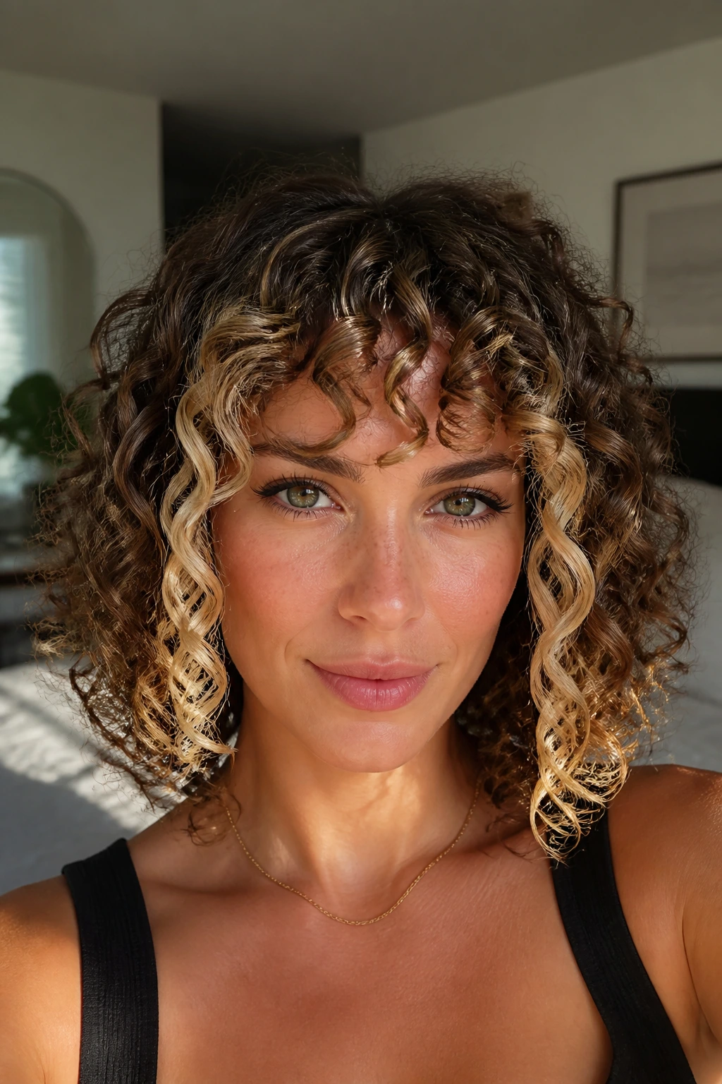 Close-up of brow-skimming ringlets with blonde face frame on a real person