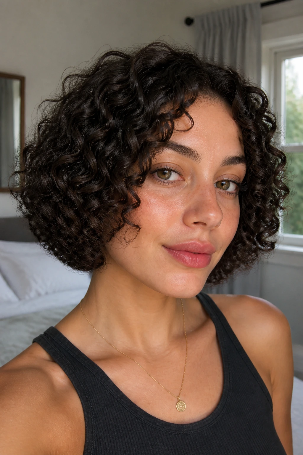 Close-up of a real woman with ringlet-defined French bob framing jawline in natural window light