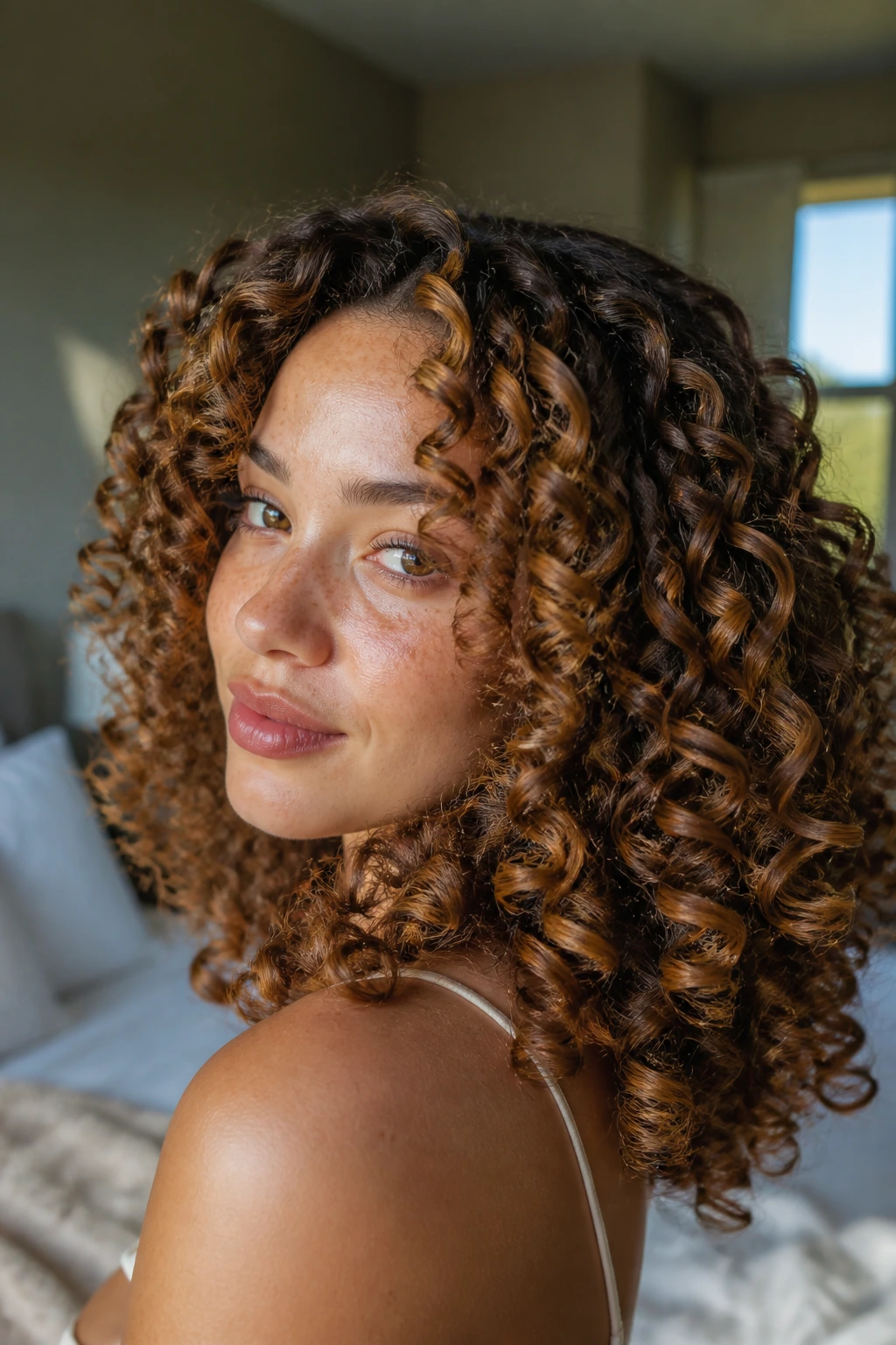 Close-up of a real woman with cinnamon-sugar ringlets and brunette lowlights in warm window light
