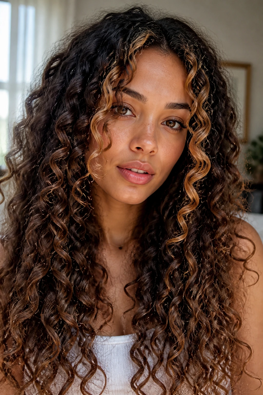 Close-up of a real woman with long ringlets and caramel face-framing pieces in natural window light