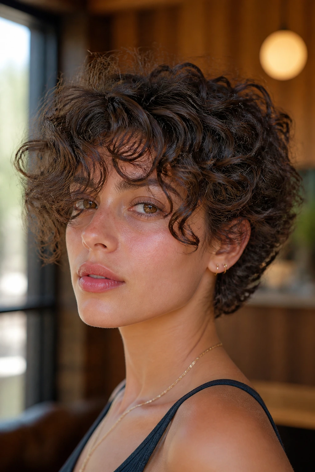 Close-up of a real woman with a compact ringlet crop and long fringe, showing architectural curls and face-framing fringe in warm salon light.