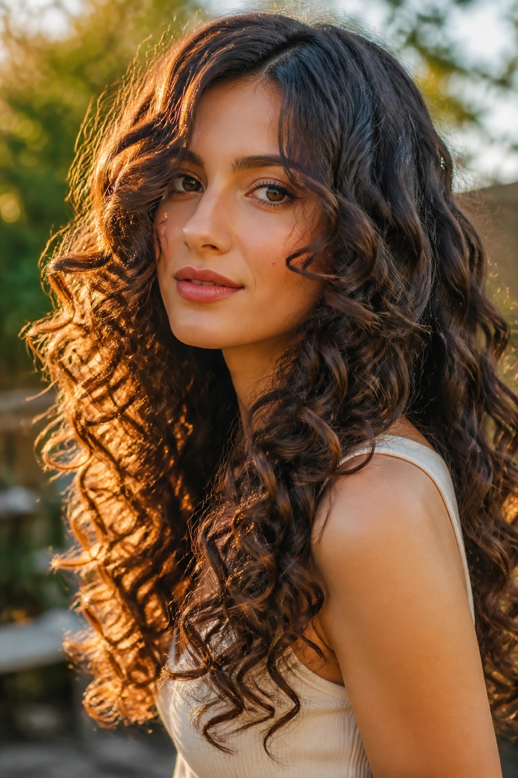 Close-up of a real woman with long layered ringlets in a garden setting
