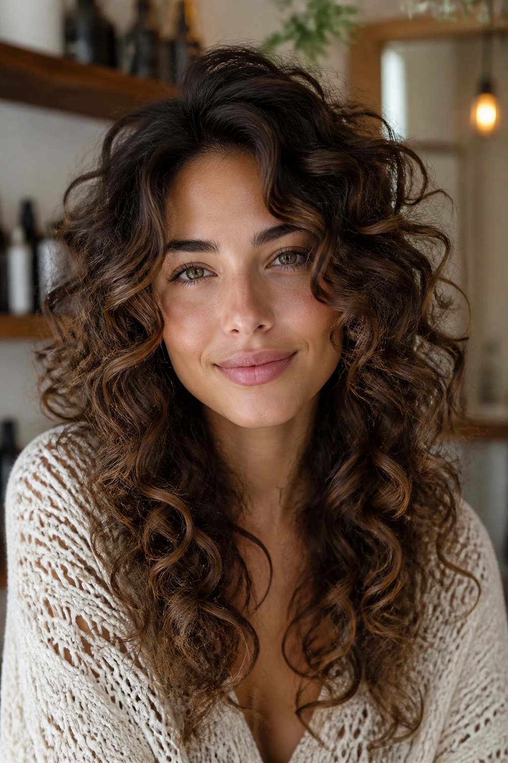 Close-up of a real woman with brushed-out ringlets forming a soft halo around the face