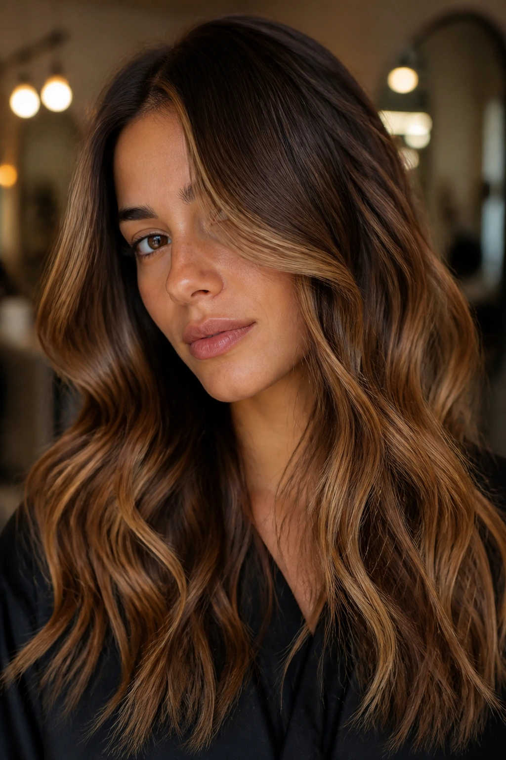 Close-up of a woman with roast almond balayage and loose waves