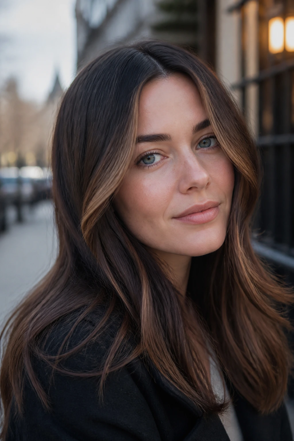 Close-up of a real woman with roast coffee front lift, bright eyes, face framed by hair.
