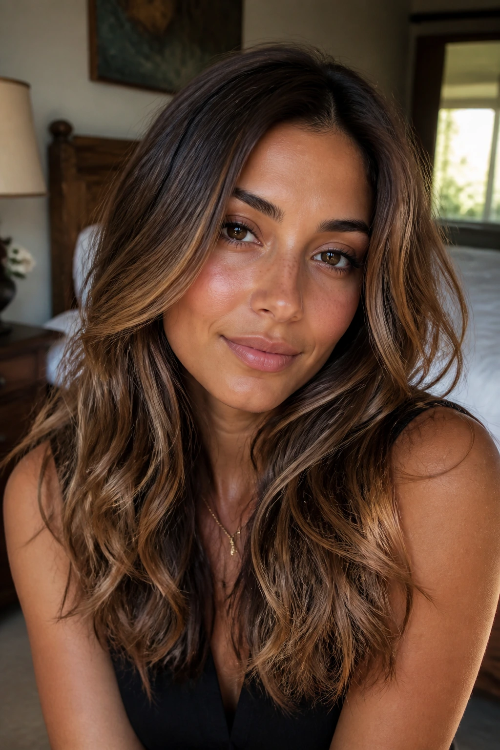 Close-up portrait of a real person with roasted caramel brunette hair and tan skin under warm window light