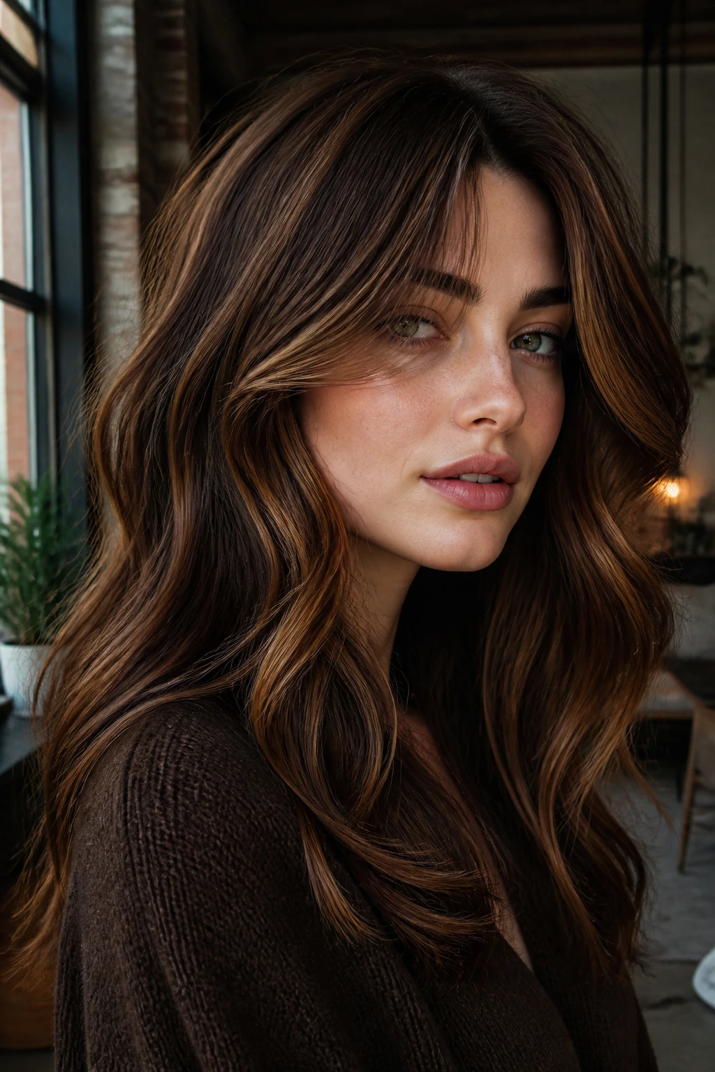 Close-up portrait of a real woman with Roasted Chestnut hair and face-framing layers, brightening the face