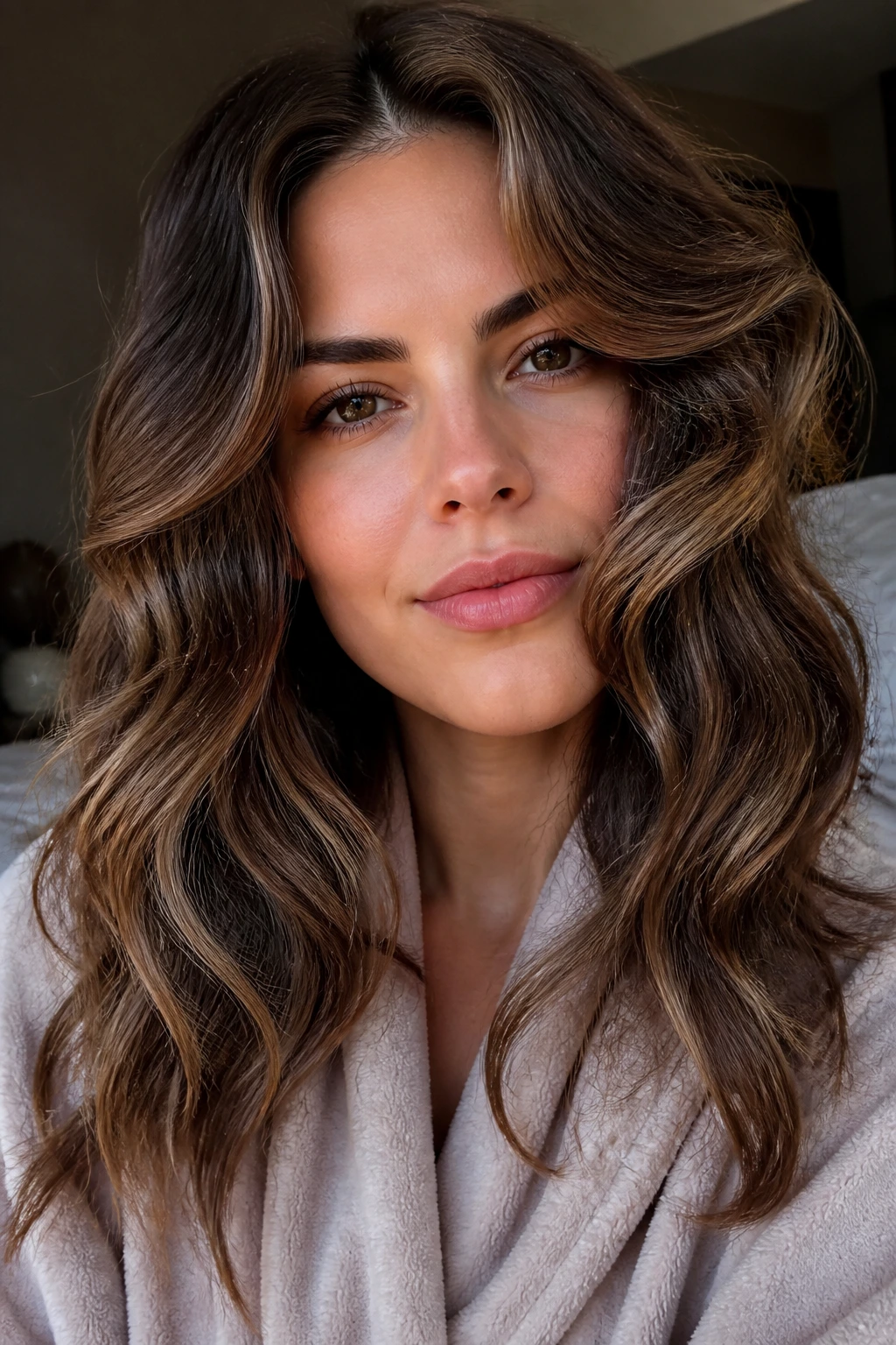 Close-up portrait of a real person with heatless robe-belt waves in a warm bedroom