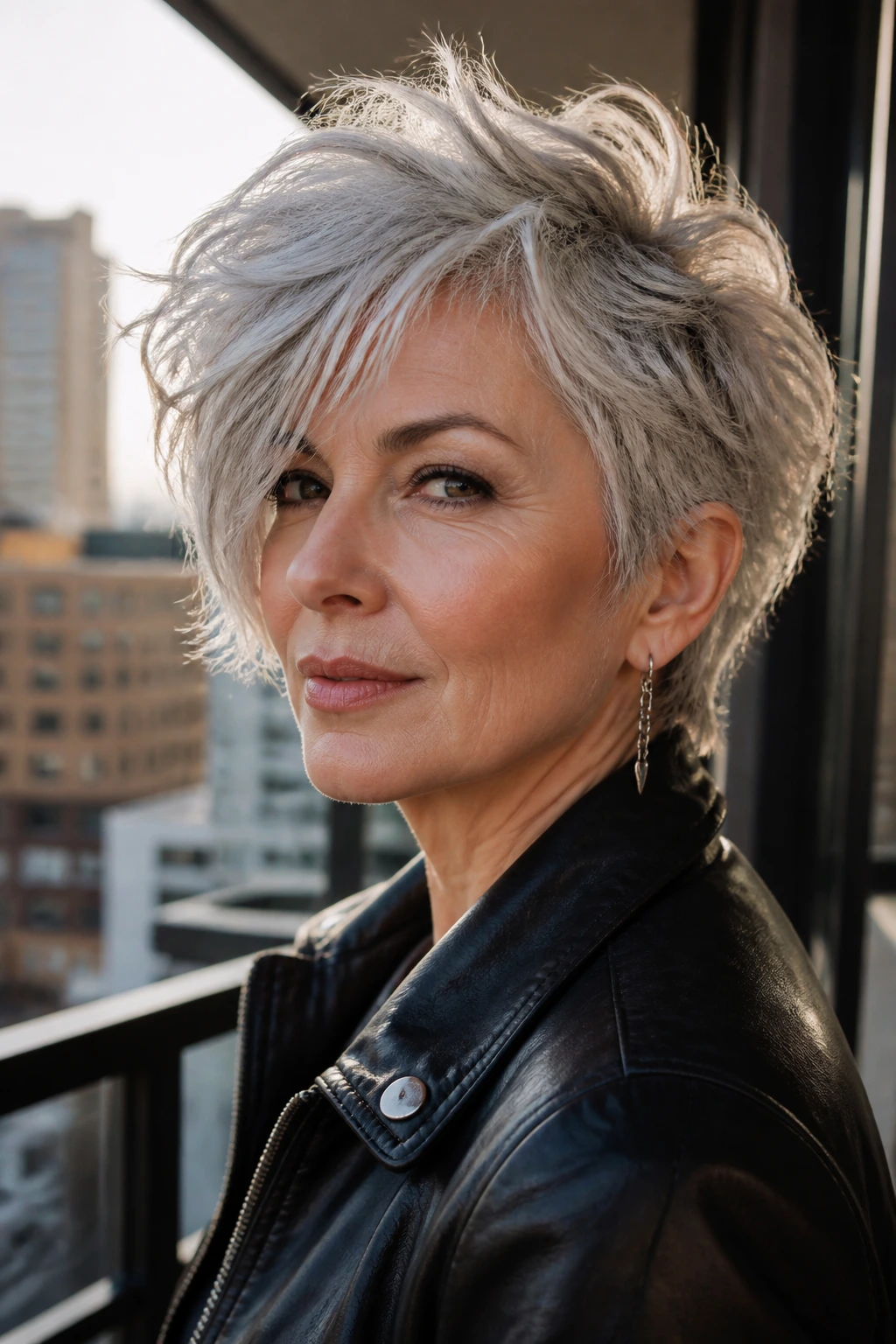 Close-up portrait of a woman with rock-chic hair showing lift and texture on gray hair