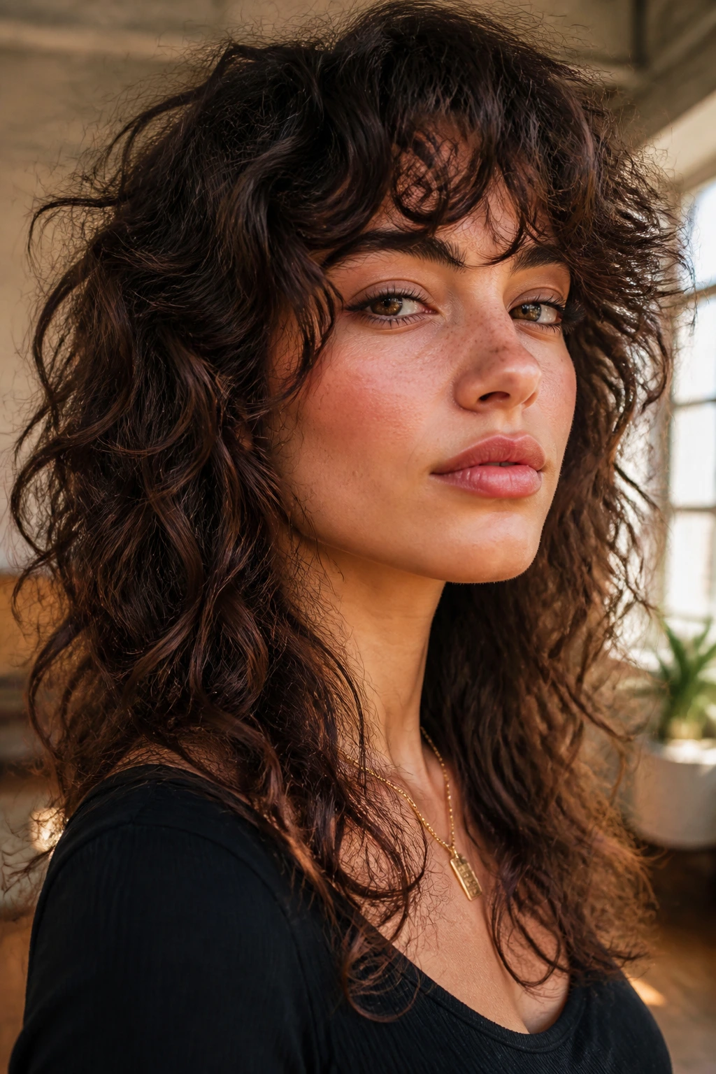 Portrait showing rocker-curly haircut balancing a heart-shaped face.