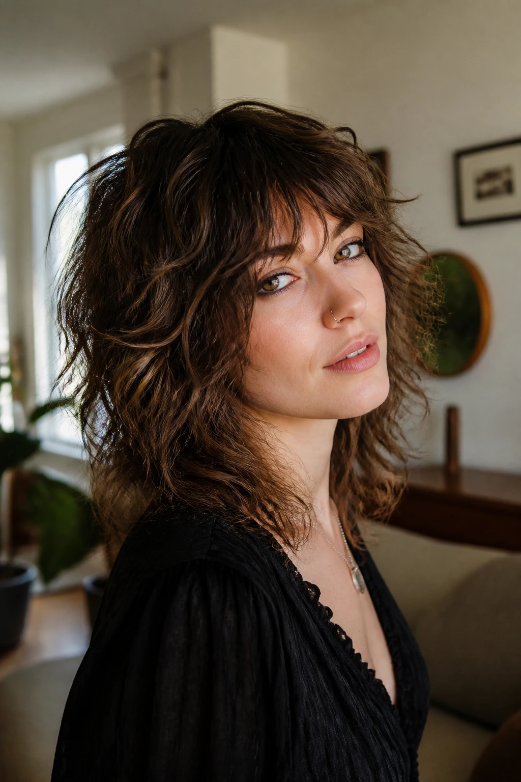 Close-up portrait of a real woman with a textured wavy rocker haircut in a cozy living room.