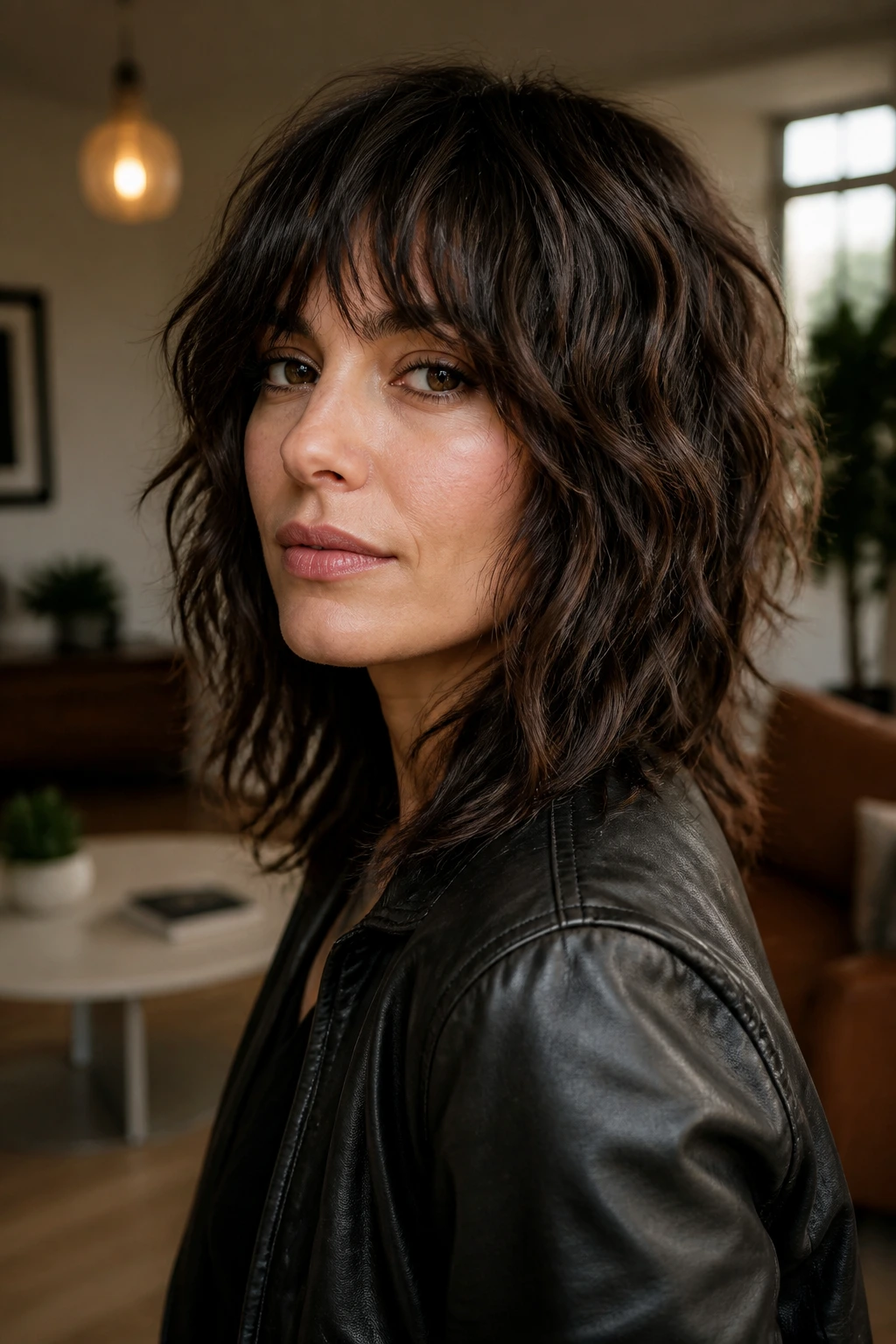 Close-up of a woman with a defined rocker haircut on wavy hair