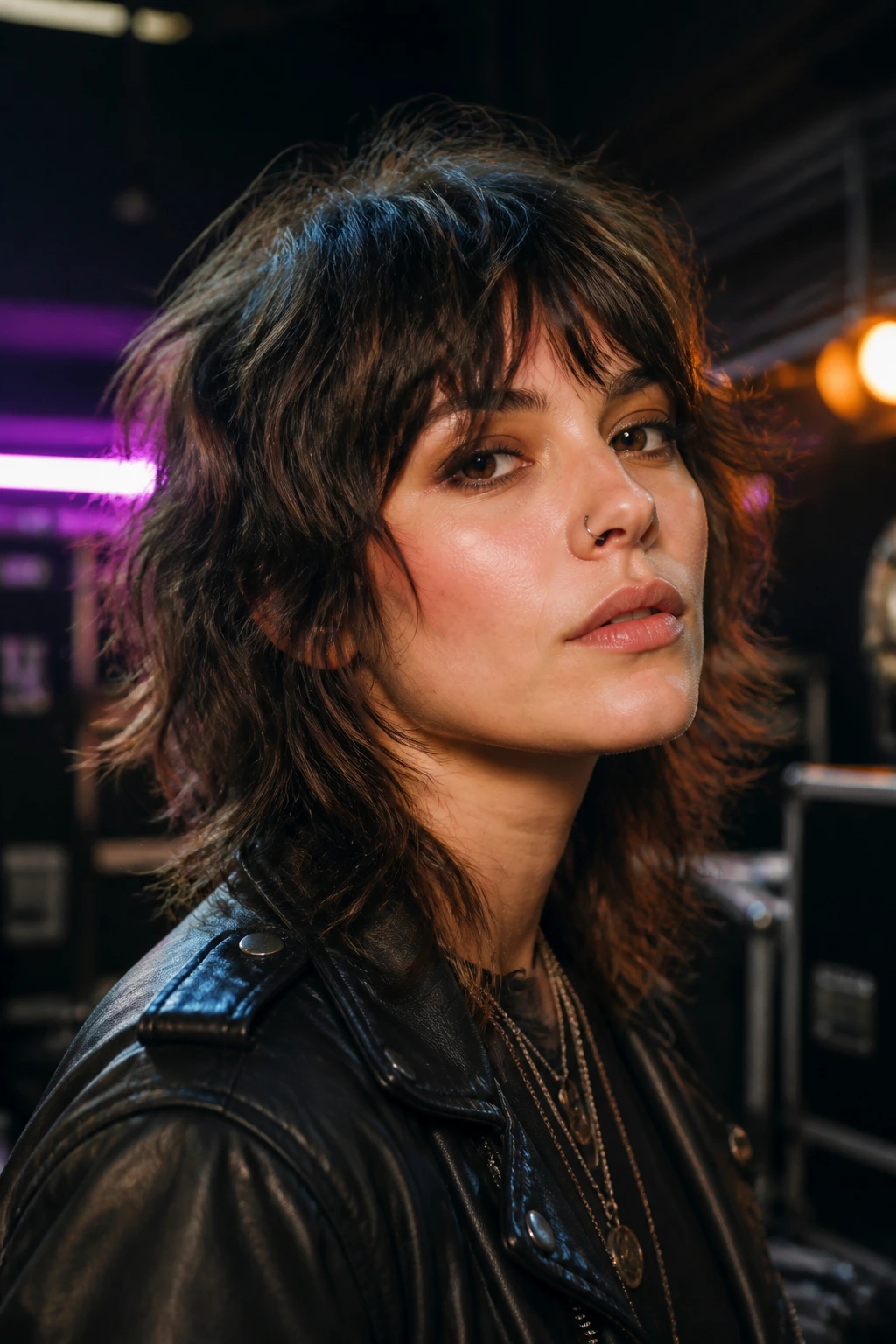 Real woman with rocker wolfcut in backstage lighting