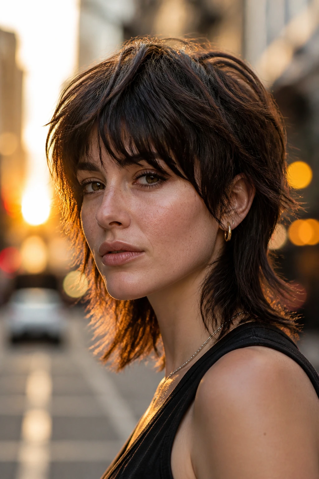 Portrait of a real woman with a Rockstar Mullet Bob hairstyle.