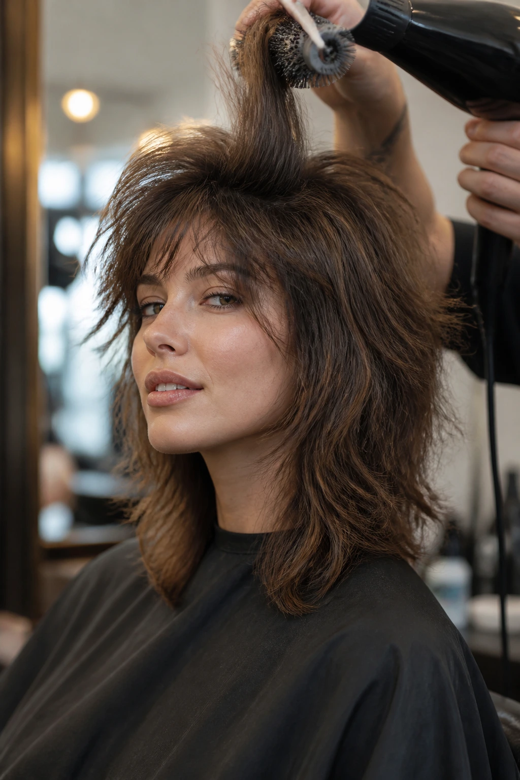 Thick-haired person being styled with a round brush for a shag