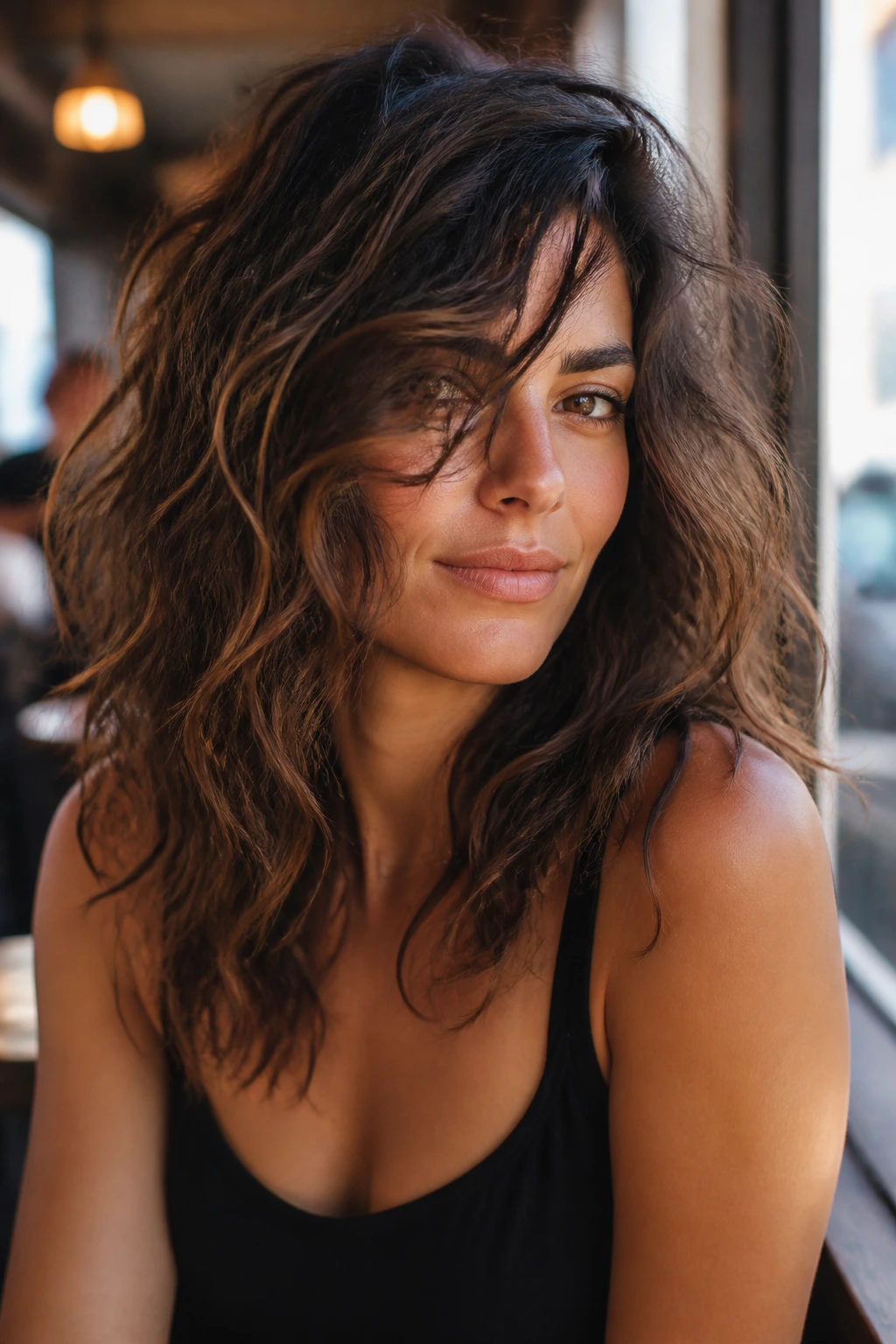 Real woman with rockstar wavy hairstyle in a cafe window setting, close-up portrait.