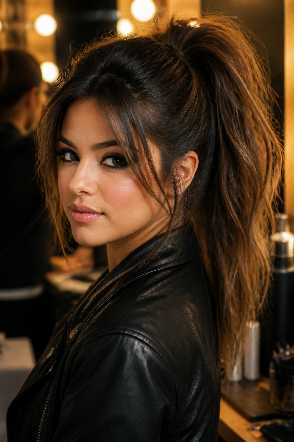 Portrait of a real woman with a rockstar ponytail and face-framing layers