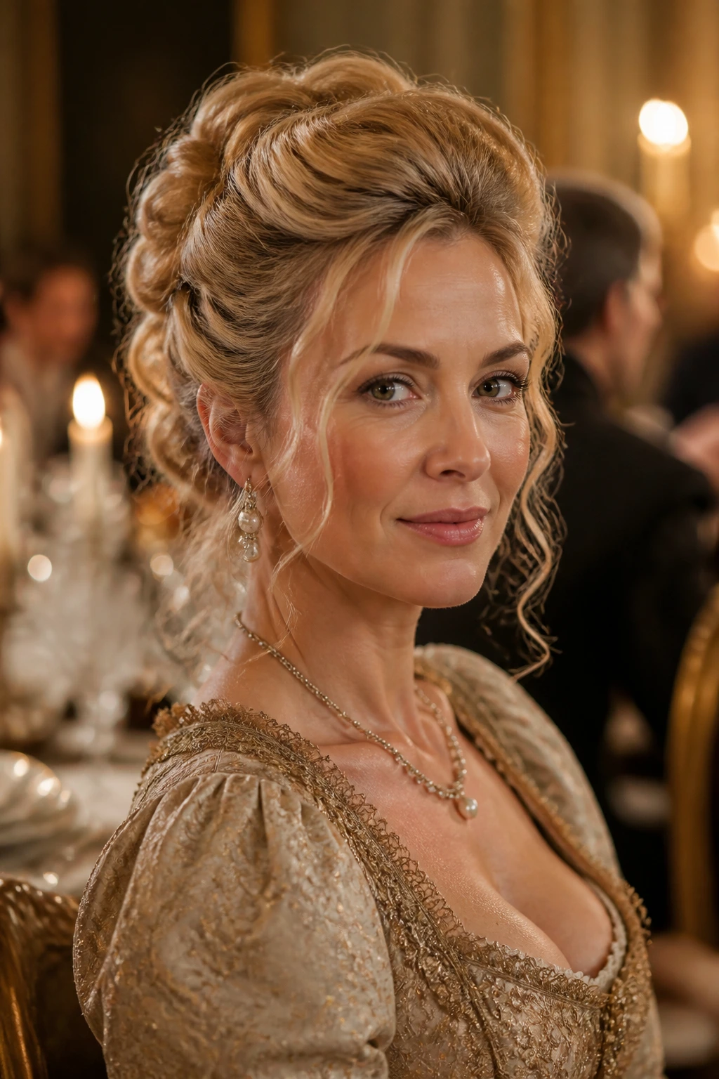 Close-up portrait of a real woman with Rococo face-framing hairstyle in a candlelit formal dining room
