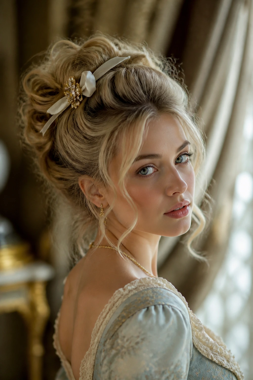 Real woman with a soft Rococo hairstyle and hair accessory in a warm room