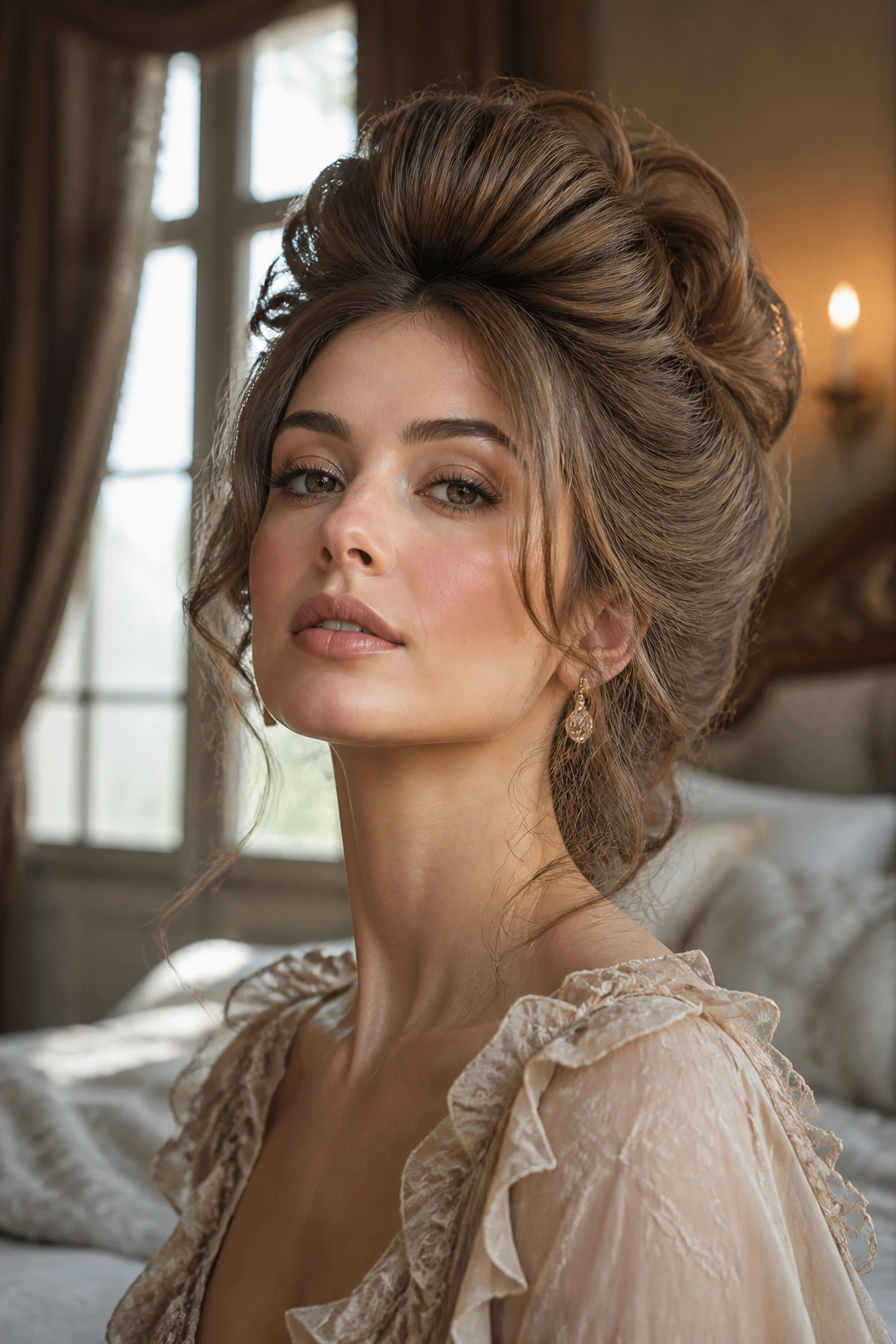 Close-up of a real woman with high Rococo crown and soft framing