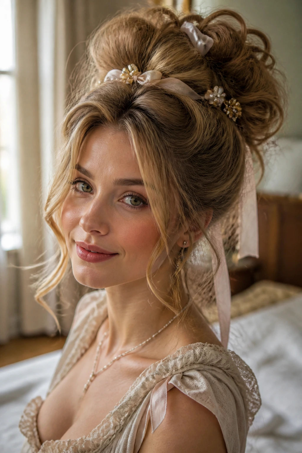 Close-up of a real woman with Rococo crown lift and face-framing layers, second-day hair