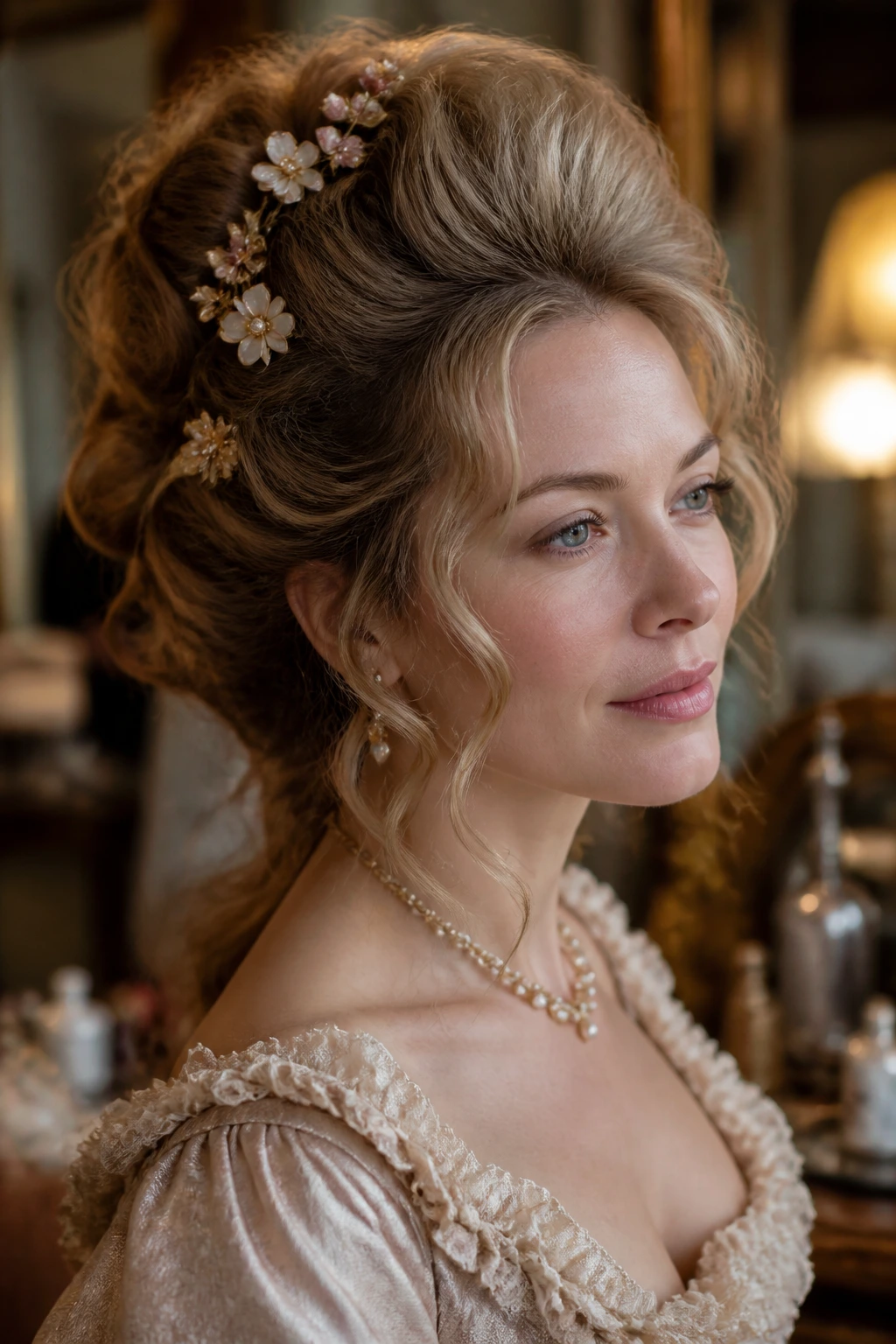 Close-up of a real woman showing crown lift and front layers to disguise temples on thin hair