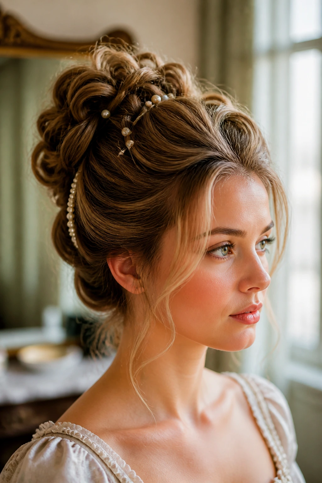 Real woman with Rococo updo secured with pins in softly lit dressing room