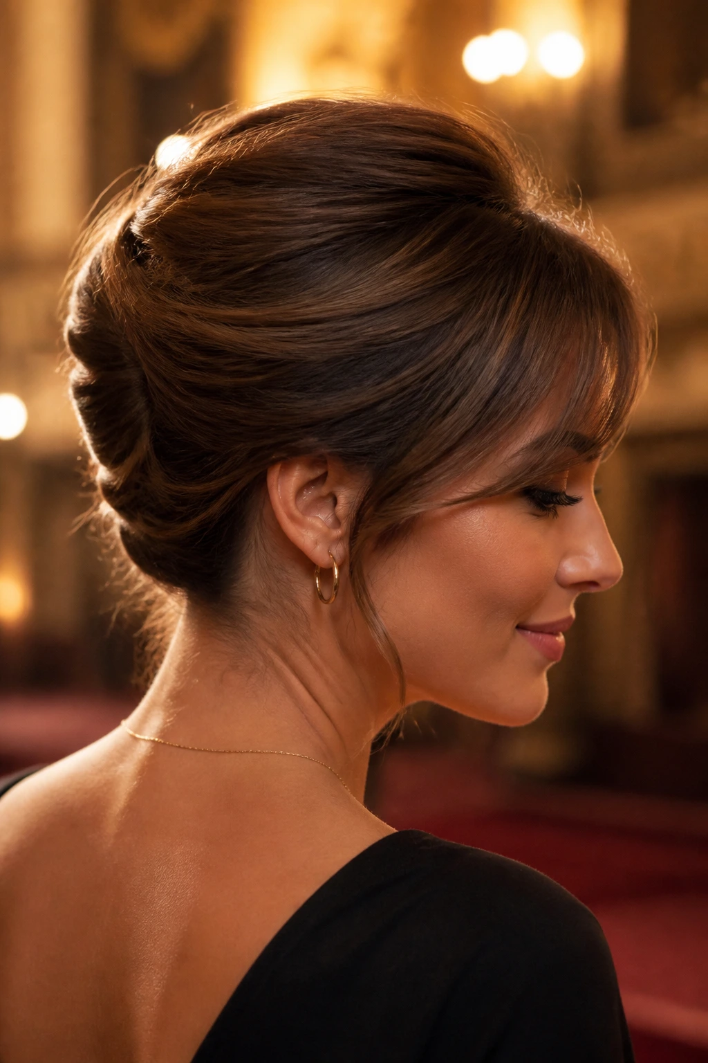 Close-up portrait of a real woman with a roll-and-tuck French twist and side-swept bangs