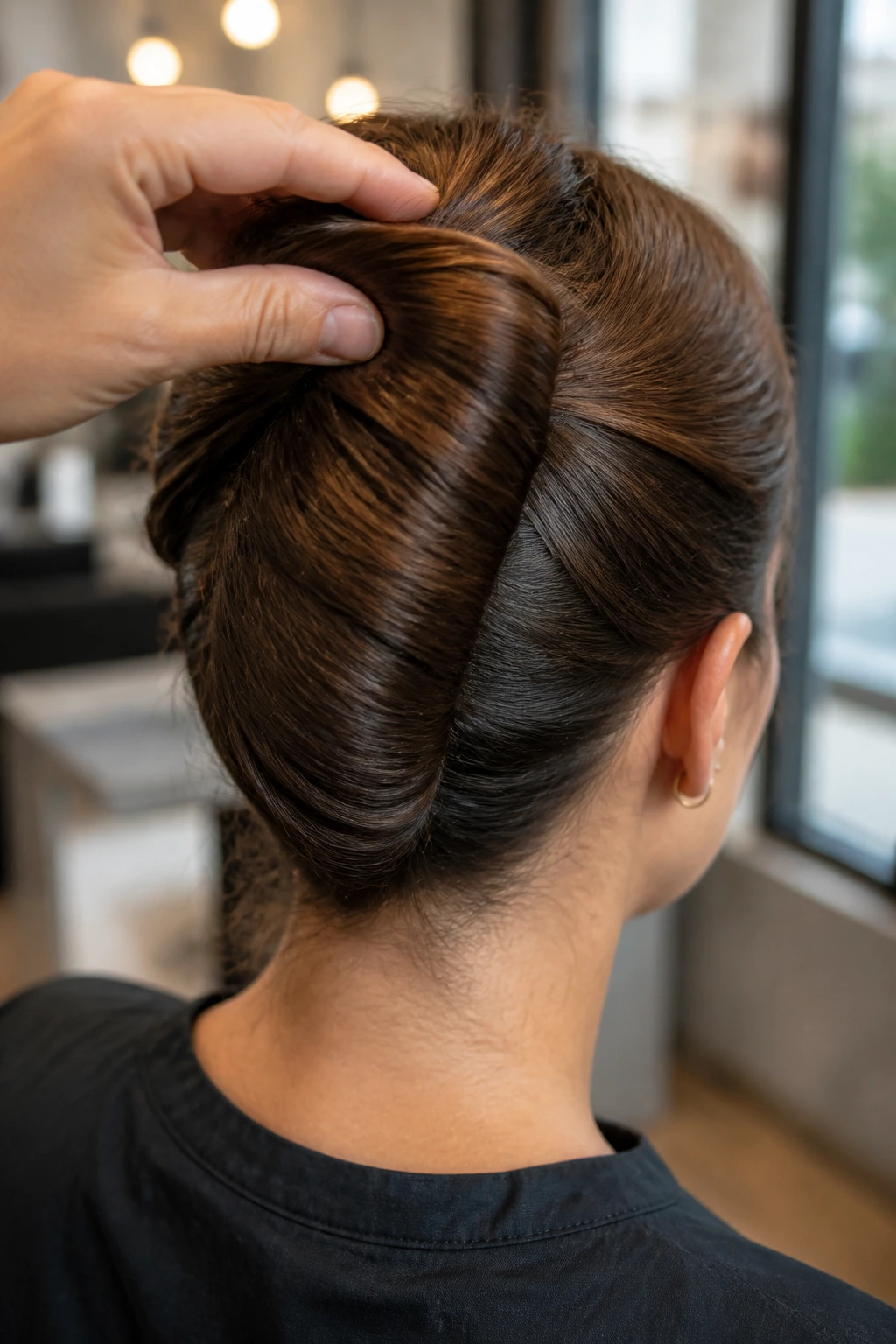 Back of head with tall vertical roll of hair tucked neatly inside, demonstrating the roll and tuck technique.