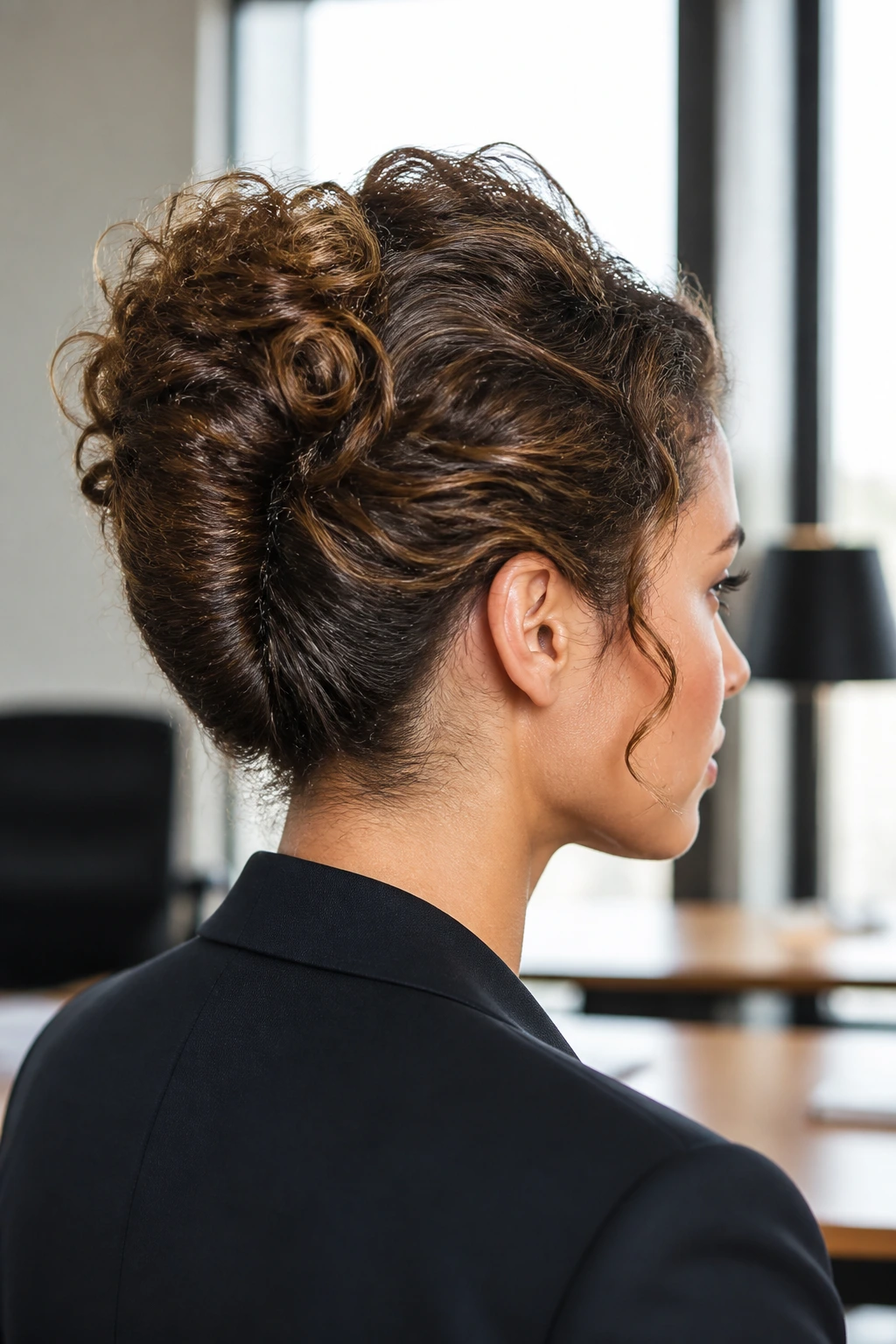 Close-up portrait of a real woman with a roll-and-tuck French roll updo.
