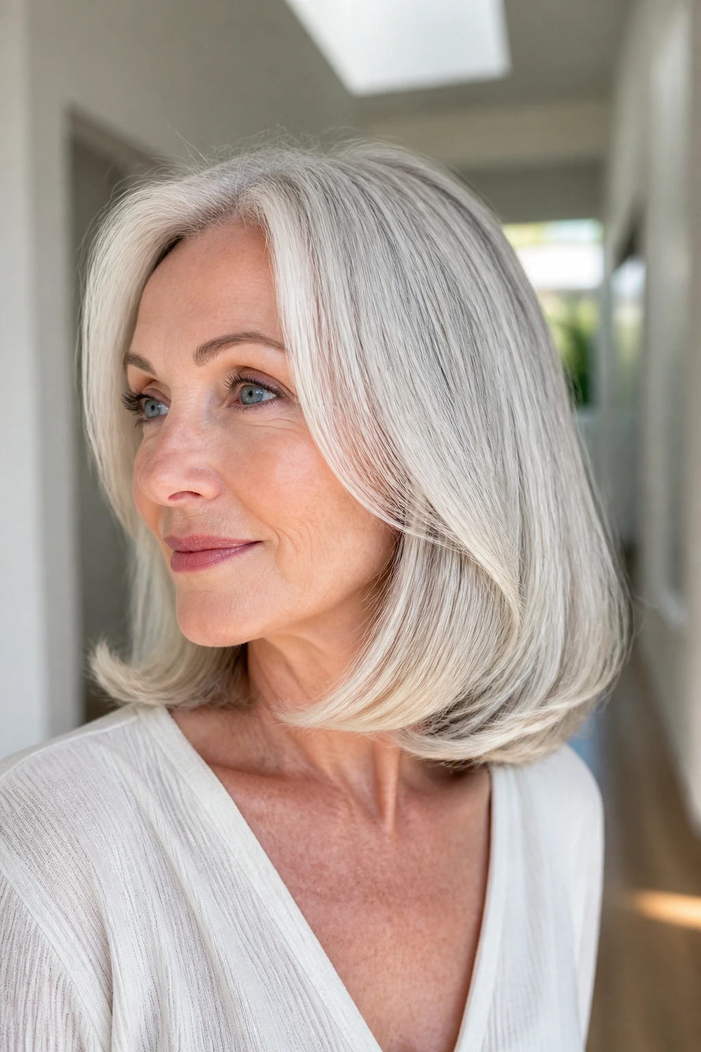 Close-up portrait of a real woman with roll-under lob and soft ends, white hair with babylights